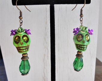 Skull earrings, Green, Day of the Dead, Dia De Los Muertos, Halloween, Goth, one-of-a-kind, hand-made