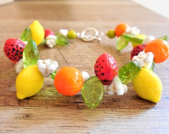 Oranges, Lemons, and Strawberries Czech glass fruit bracelet, 8", toggle, Citrus, tropical, Tiki, Vintage-style, Custom-Size