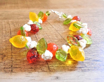 Oranges, Lemons, and Strawberries Fruit-sicle Czech glass fruit bracelet, 8", toggle, Citrus, tropical, Tiki, Vintage-style, Custom-Size