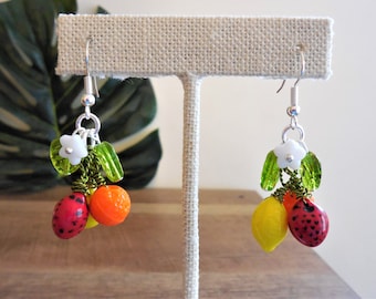 Lemon, Orange, and Strawberry Czech glass fruit earrings, pierced, silver, retro, vintage style, whimsical, Tiki, 1.5", gift