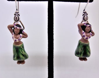 Hula Girl earrings, ceramic, Hawaiian, Tiki,  Tropical, Hawaiian, handmade, adorable, whimsical!