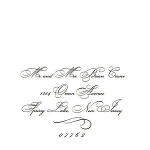 May include: Elegant script text on a white background. The text reads "Mr. and Mrs. Brian Crane, 1234 Ocean Avenue, Spring Lake, New Jersey, 07762". The design is suitable for wedding invitations or formal announcements.