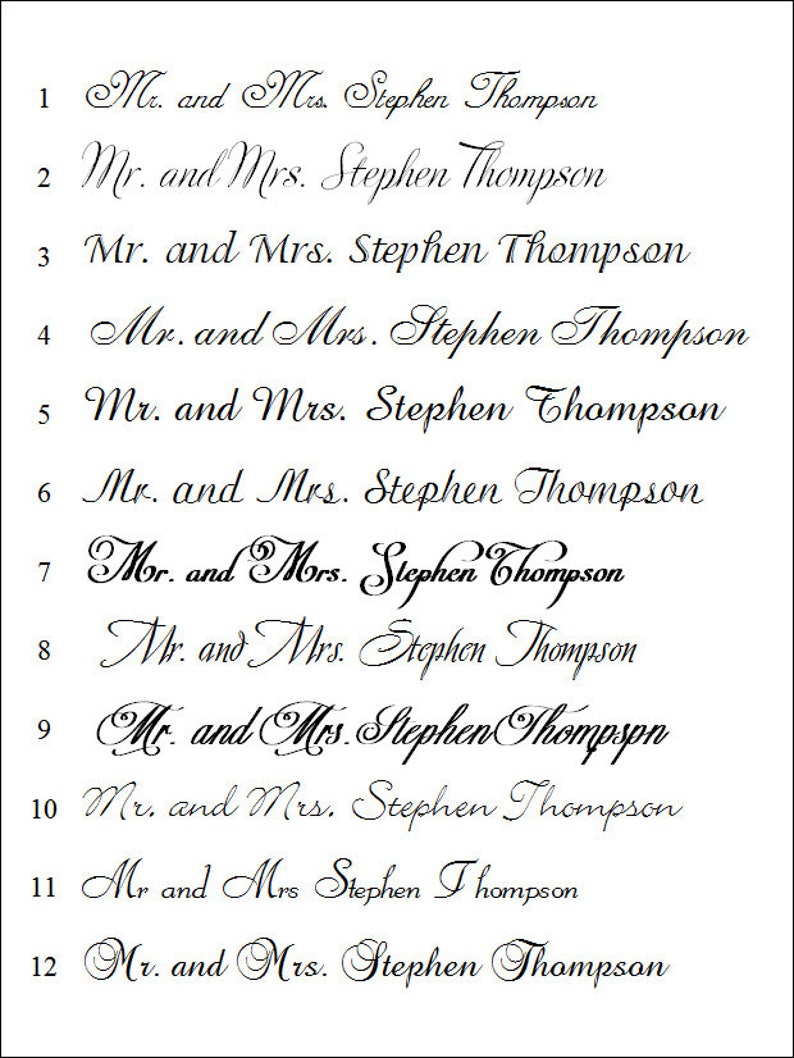 Peut inclure: Sur fond blanc, douze exemples de l'inscription "Mr. and Mrs. Stephen Thompson" en &eacute;criture cursive. Chaque ligne pr&eacute;sente une police diff&eacute;rente, id&eacute;ale pour faire-part de mariage ou papeterie personnalis&eacute;e.