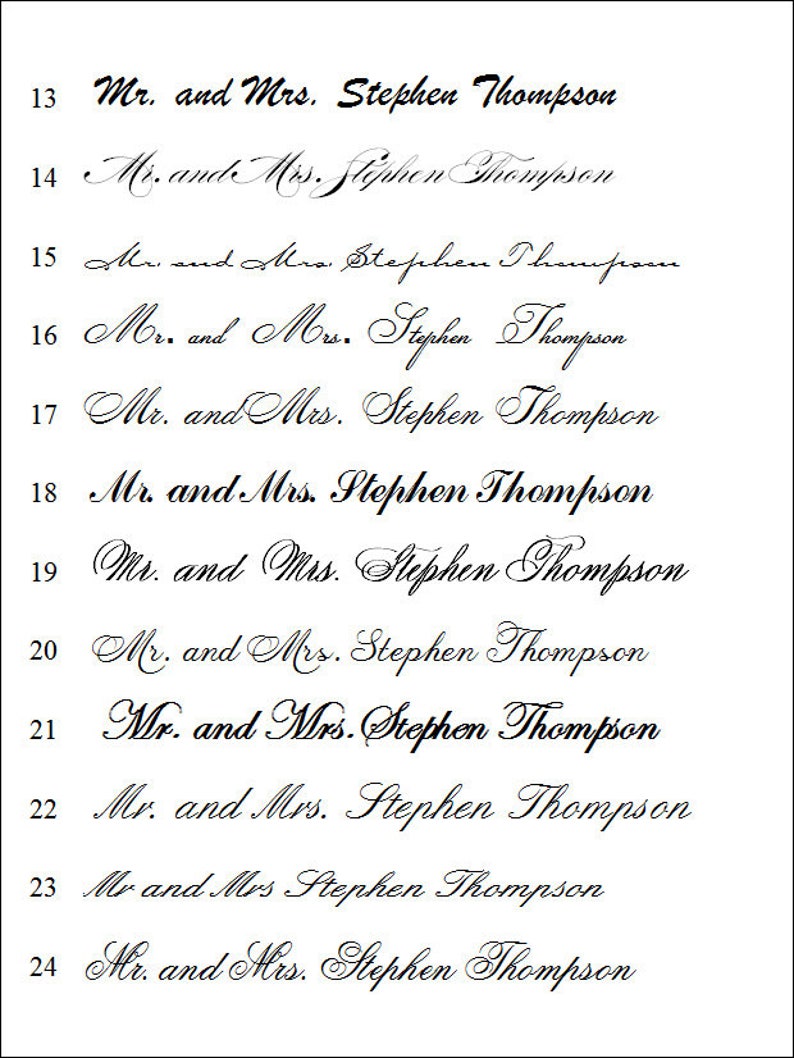 Peut inclure: Sur fond blanc, plusieurs variations du texte "Mr. and Mrs. Stephen Thompson" sont pr&eacute;sent&eacute;es dans diverses polices cursives &eacute;l&eacute;gantes. Le texte est dispos&eacute; en rang&eacute;es, pr&eacute;sentant diff&eacute;rents styles pour les faire-part de mariage.