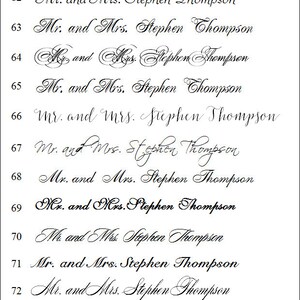 Peut inclure: Sur fond blanc, quatorze variations de l'inscription "Mr. and Mrs. Stephen Thompson" sont pr&eacute;sent&eacute;es en &eacute;criture cursive &eacute;l&eacute;gante. Chaque ligne est num&eacute;rot&eacute;e, mettant en valeur diff&eacute;rents styles de polices, parfait pour faire-part de mariage.