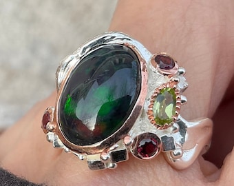 sterling silver Natural black  mesmerizing  Fire Opal rhodolite   ring 9