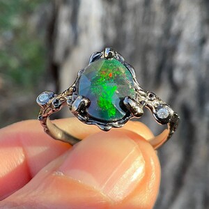 Sterling Silver black Fire orange Opal organic twig ring 9