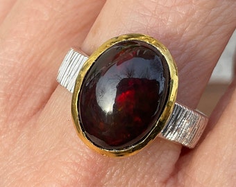 sterling silver Natural black red mesmerizing  Fire Opal solitaire  ring 9