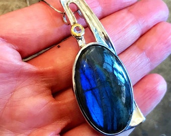 Sterling Silver Labradorite Amethyst Modernist Modern Abstract Pendant Necklace