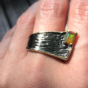 Natural Orange Rainbow opal modernist band Sterling Silver Ring 8.5