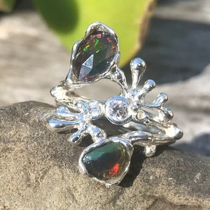 Sterling Silver black Natural Opal coral reef ring 7.5
