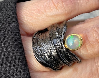 sterling silver natural black fire opal band cuff open ring 6 7