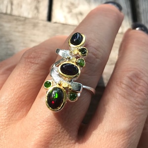 Sterling  Silver Natural Black Fire opal ring 7.5