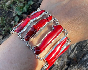 925 sterling silver Natural red coral Bracelet artisan handmade