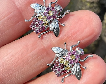 Sterling Silver bee Rhodolite sapphire post earrings