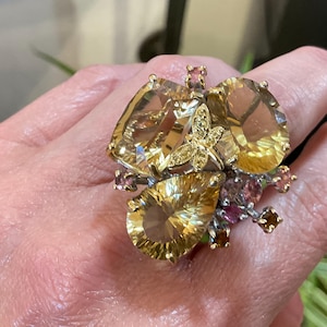 Sterling silver citrine sapphire pink tourmaline dragonfly ring 7.5