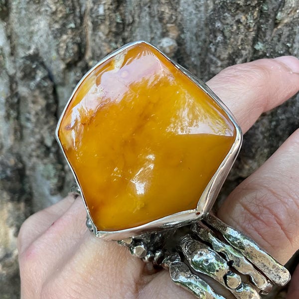 sterling silver butterscotch Baltic amber cuff ring 7.5-9