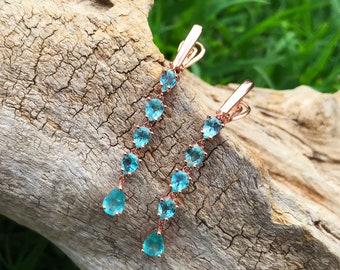 Sterling Silver Blue Apatite CZ Rose Gold Artisan handmade Earrings