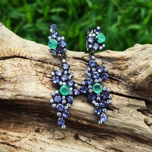 sterling silver Green emeralds Tanzanite CZ long dangle earrings image 1