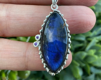 Sterling Silver Labradorite marquis  Pendant Necklace