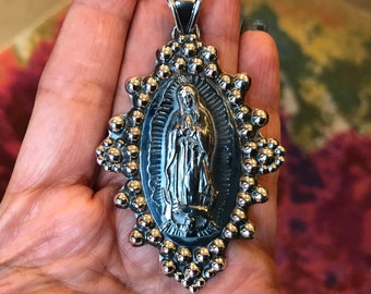 Sterling Silver Madonna Virgen de Guadalupe huge oversize  pendant