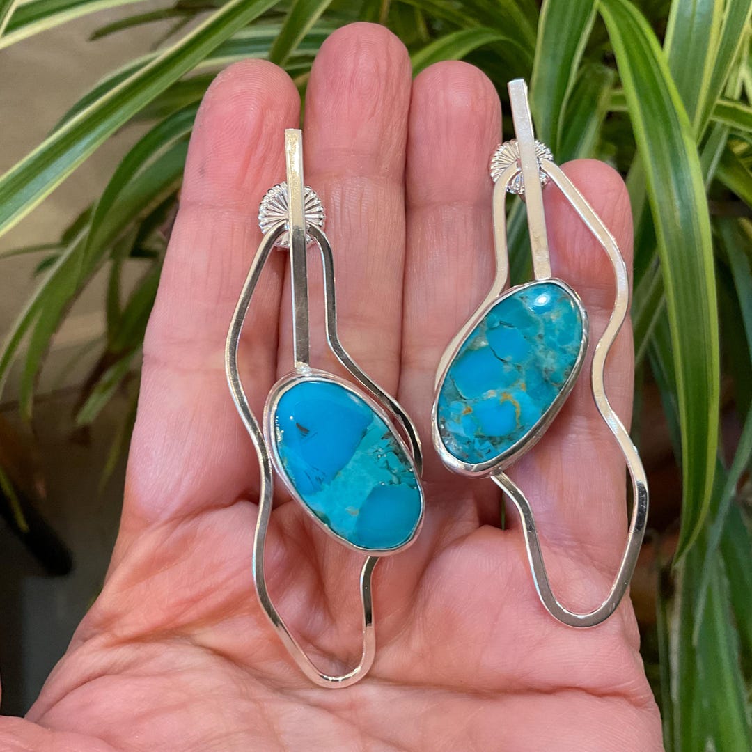 Sterling Silver Large Kingman Turquoise Modernist Post Earrings 3” - Etsy