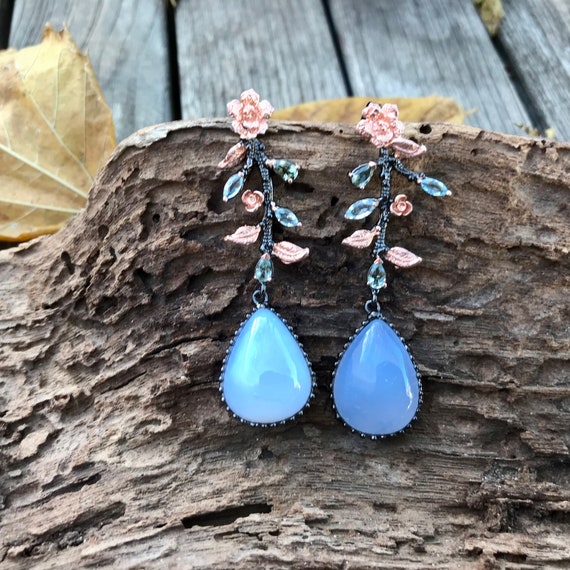 Blue Chalcedony and White Topaz Dangle Earrings Rhodium on Sterling Silver Blue Chalcedony and White Topaz Dangle Earrings Rhodium on Sterling Silver