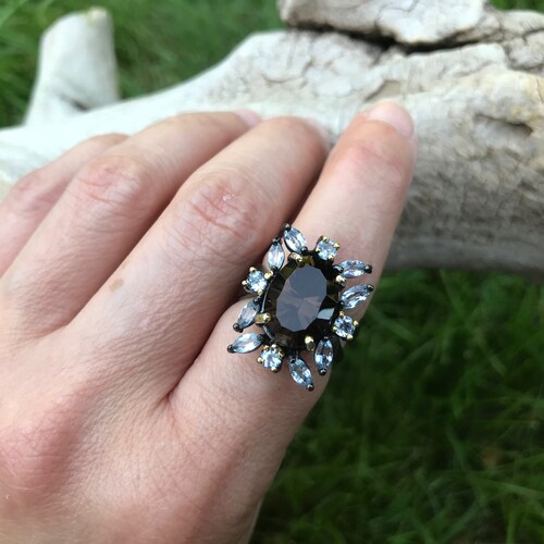 Handmade sterling silver Topaz Smokey Quartz statement Ring shops 7