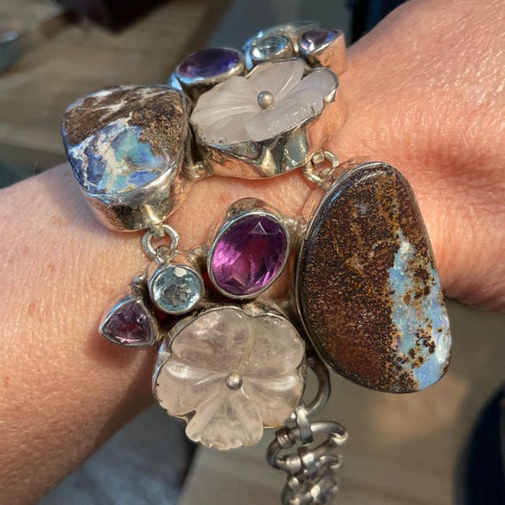sterling silver boulder Opal blue topaz amethyst quartz bracelet View 3