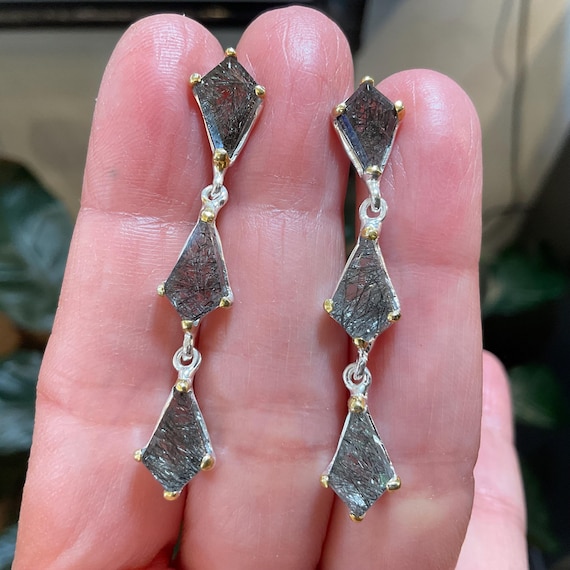 sterling silver Rutile quartz long dangle Artisan handmade earrings
