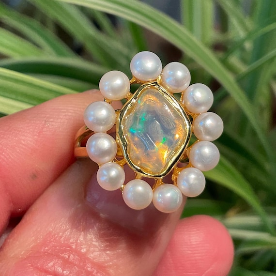 Sterling Silver White Natural Pearl Dainty Rainbow Opal Gold Ring