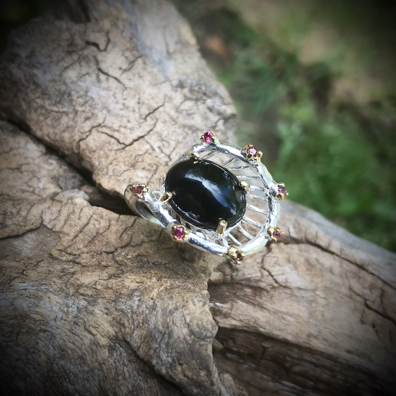 Peut inclure: Une bague en argent avec une pierre pr&eacute;cieuse noire entour&eacute;e de petites pierres pr&eacute;cieuses roses.