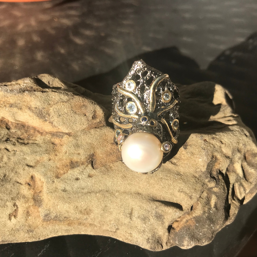 Anello in argento sterling con polpo e calamaro, con perla,