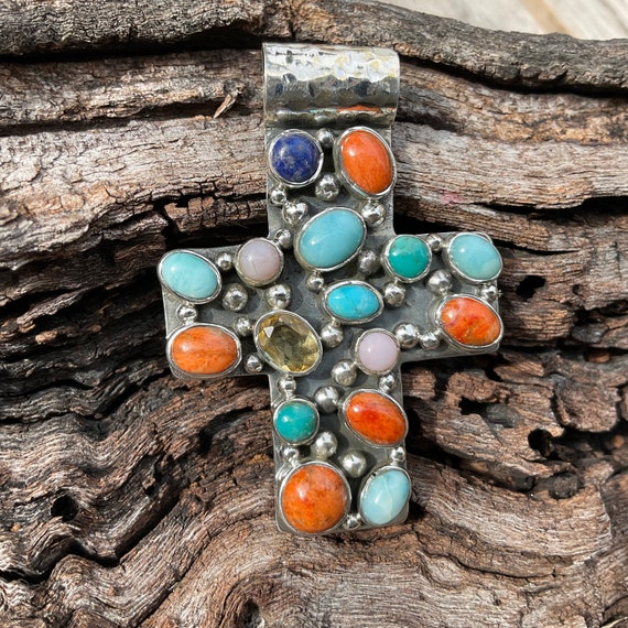 Sterling Silver Natural Coral Turquoise Lapis Lazuli Cross