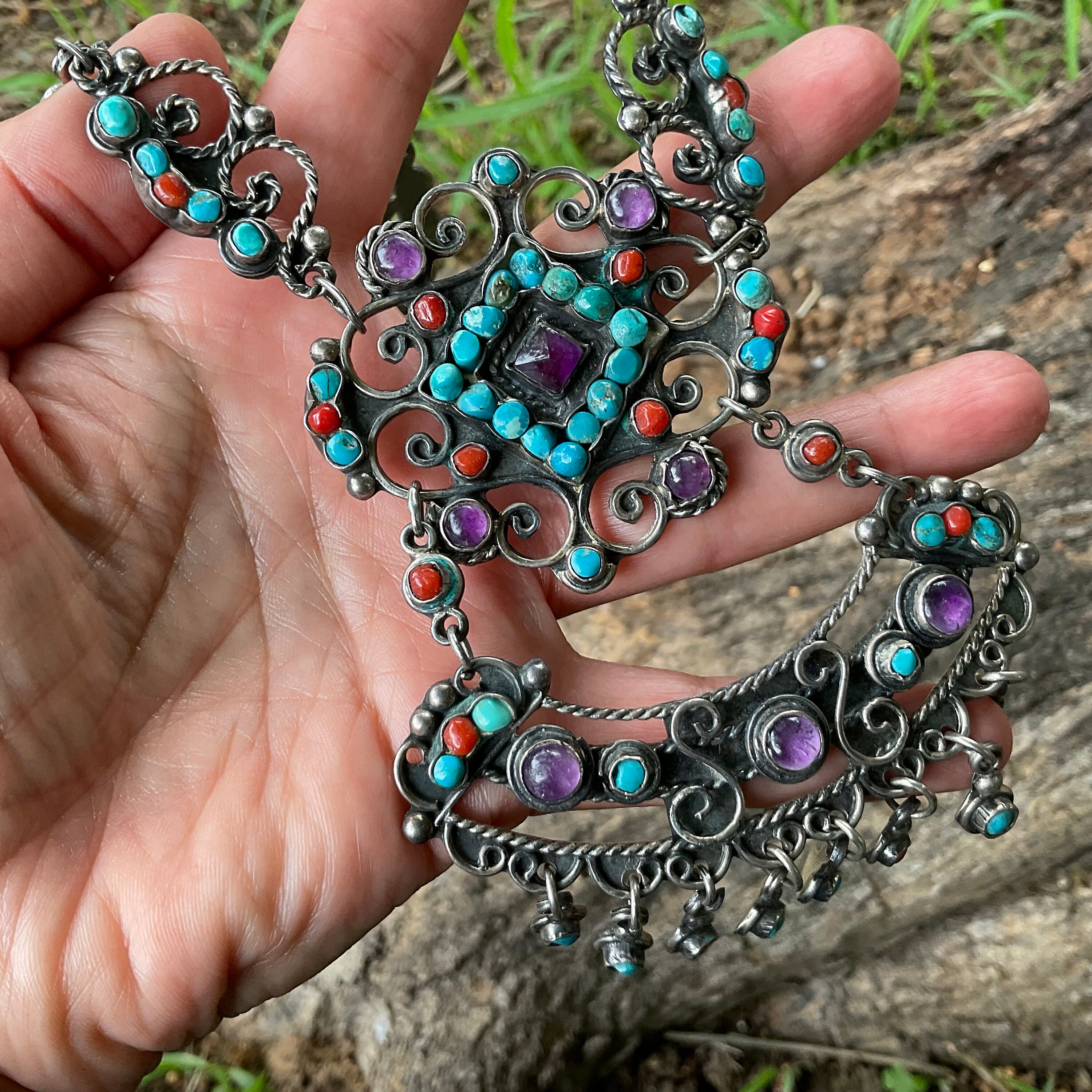 Sterling Silver Statement Turquoise Coral Amethyst Vintage Necklace Etsy UK