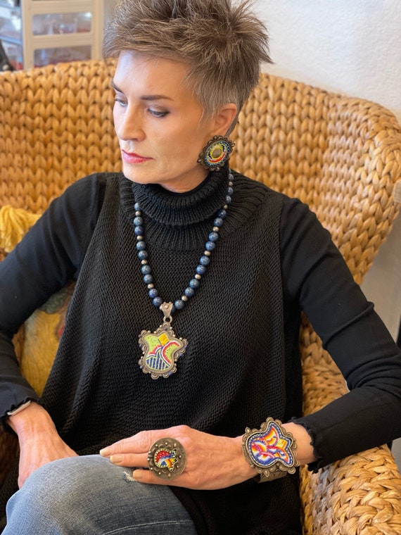 Sterling Silver beaded statement tulip necklace p… - image 2