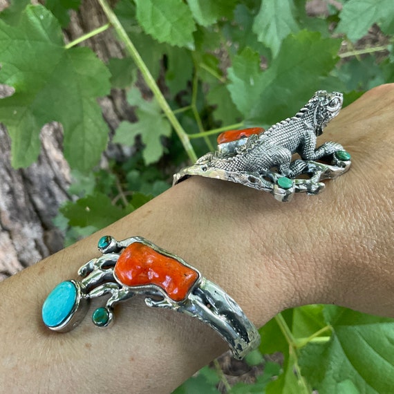 Turquoise Sterling Statement coral iguana twig cu… - image 8