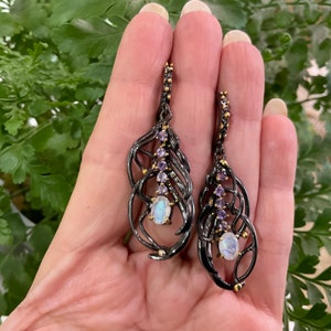 Sterling Silver feather statement Moonstone amethyst dangle earrings