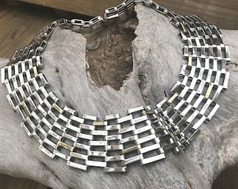 Sterling silver and brass statement runway modernist choker necklace vintage