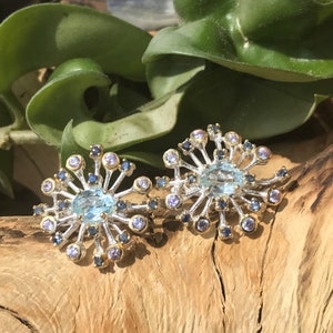 Sterling Silver Sapphire  topaz sunburst earrings