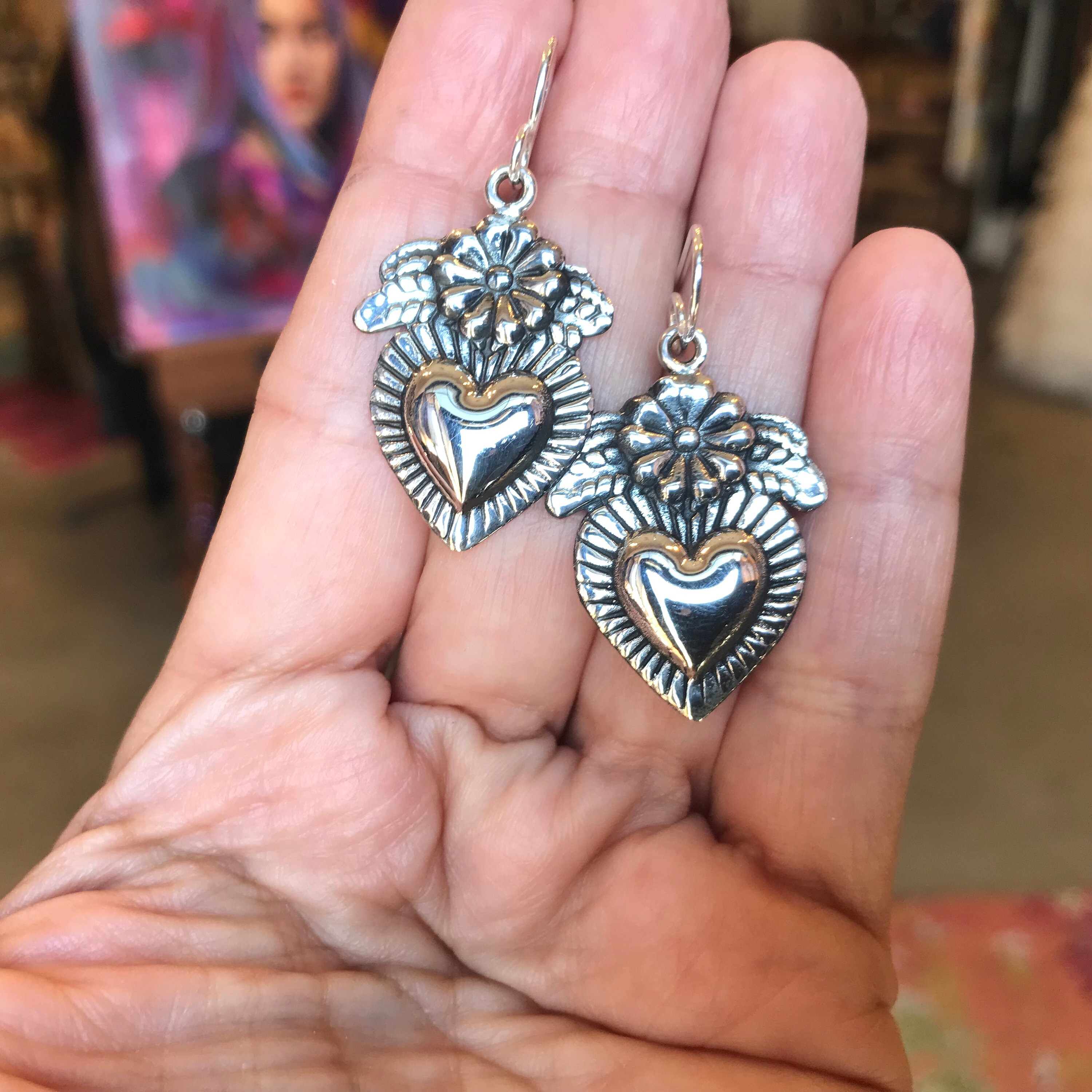 アクセサリー Vintage Silver 925 Heart design earrings Sterling Silver Sacred Heart Etnika Dangle Earrings - Etsy