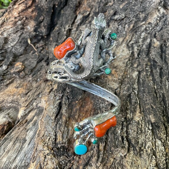Turquoise Sterling Statement coral iguana twig cu… - image 10