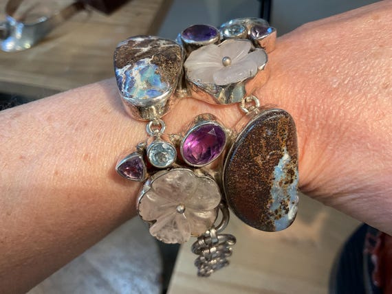 sterling silver boulder Opal blue topaz amethyst quartz bracelet View 2