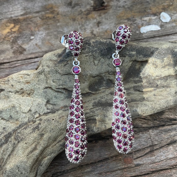 sterling silver natural rhodolite garnet Fancy  long dangle earrings
