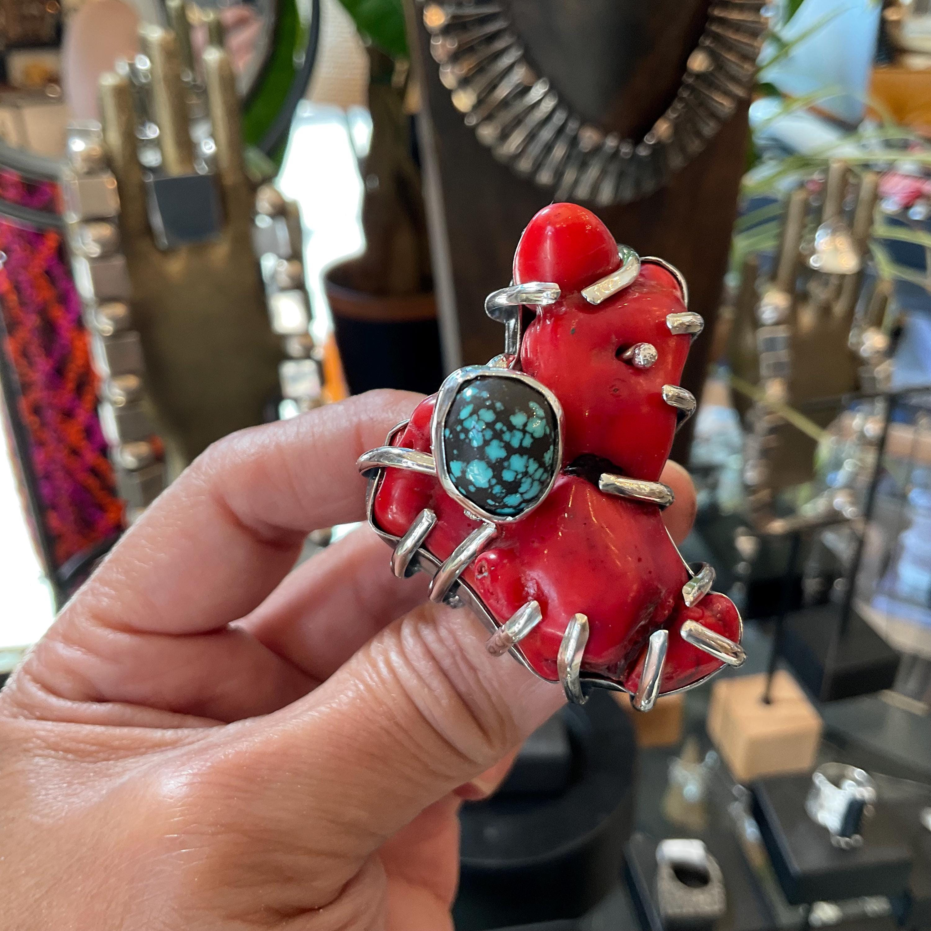 Miriam Chuyate Turquoise and Red Coral‎ Teardrop tribal Ring size 6 main image 1