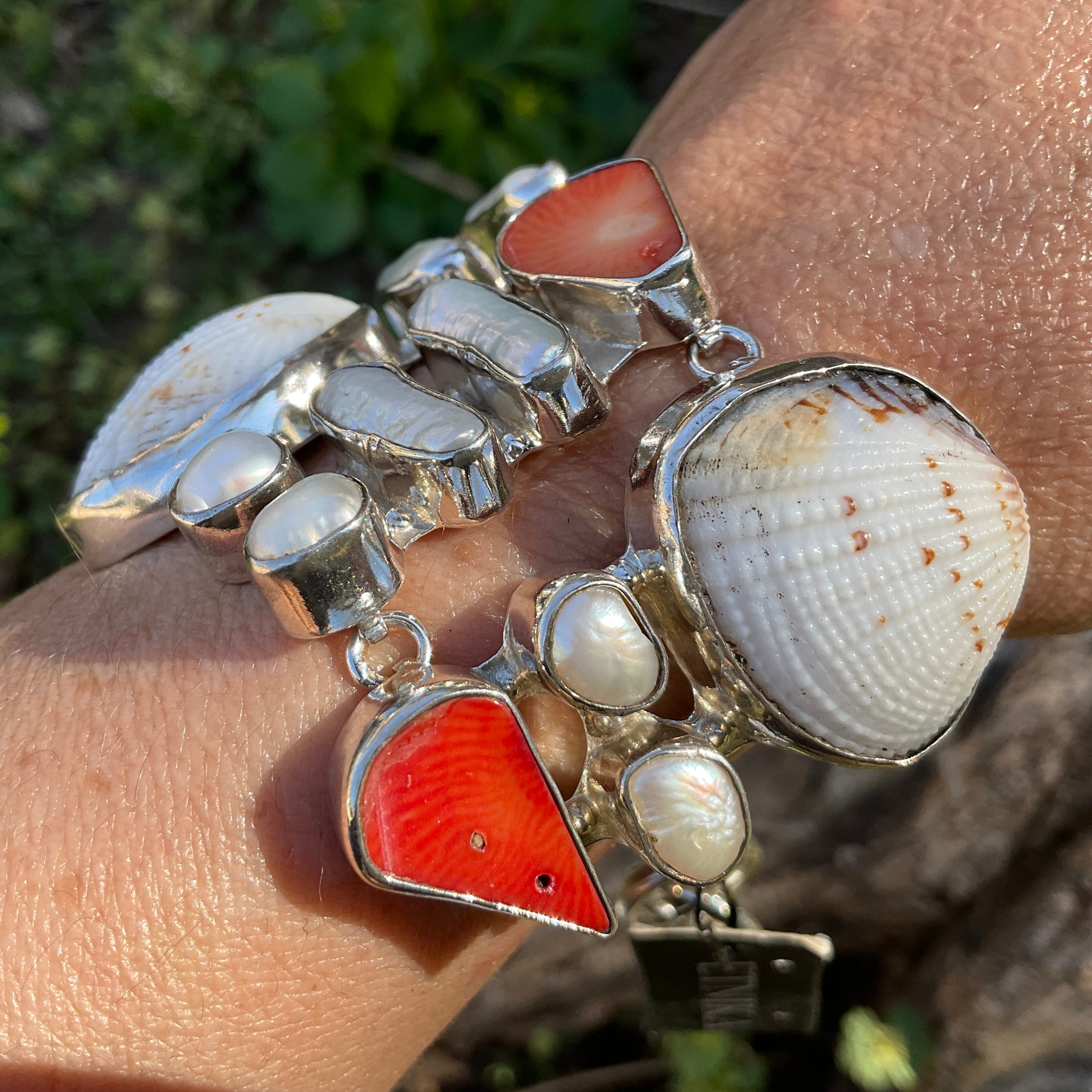 スターリングシルバー ステートメントパール レッドコーラルシェル