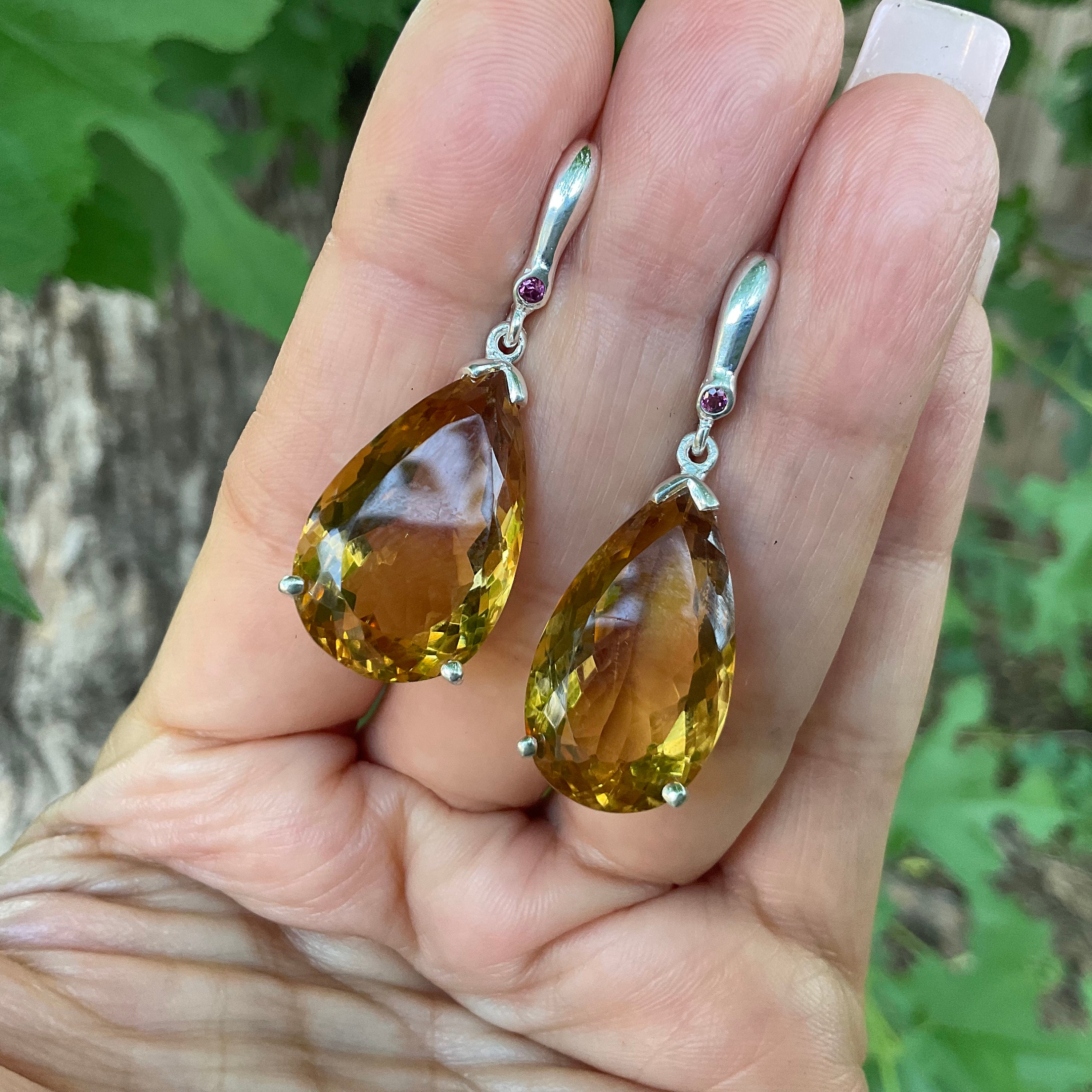 Sterling Silver Large Pear Shape Citrine Rhodolite Dangle