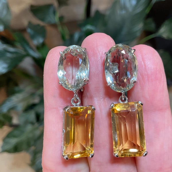 Sterling silver oval green amethyst baguette citrine dangle  earrings