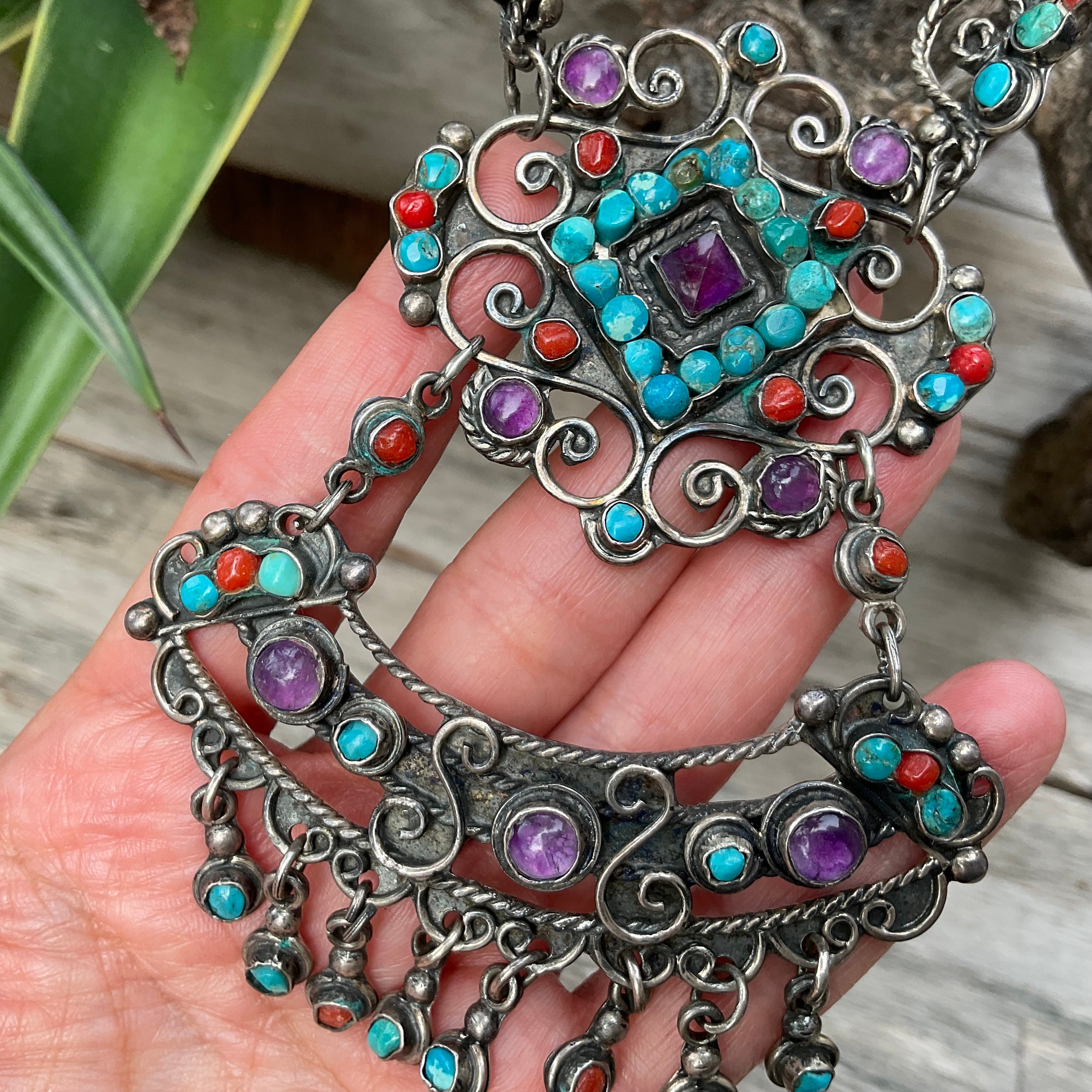 Sterling Silver Statement Turquoise Coral Amethyst Vintage