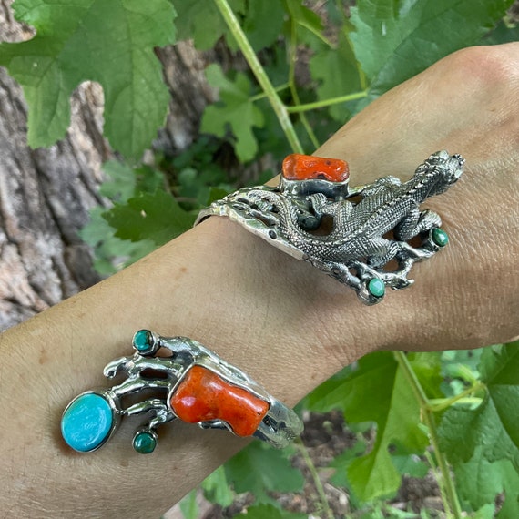Turquoise Sterling Statement coral iguana twig cu… - image 1